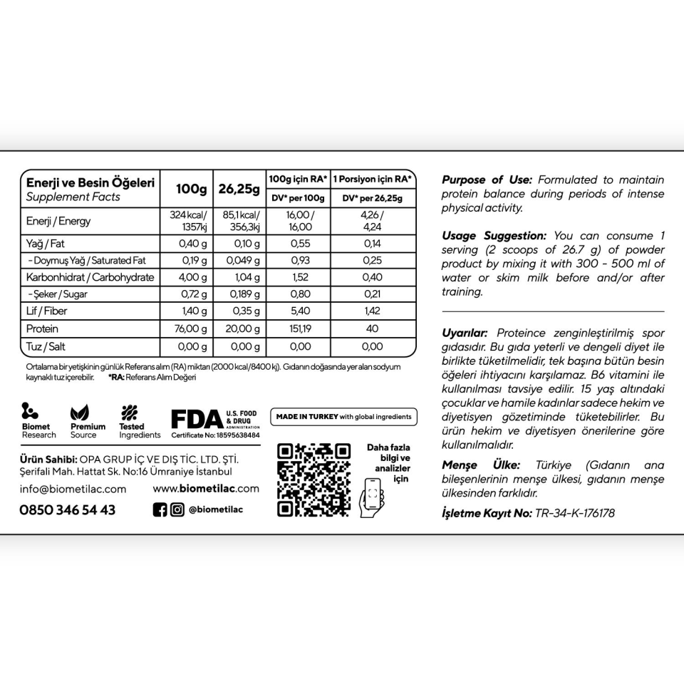 BIOMET Plant Based Protein - Bezelye & Pirinç Proteini + BCAA 262,5 gram