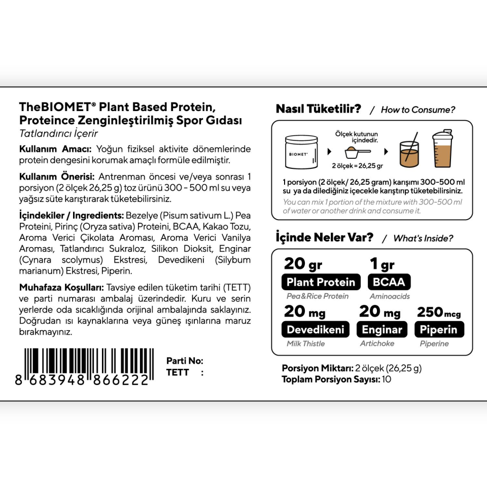 BIOMET Plant Based Protein - Bezelye & Pirinç Proteini + BCAA 262,5 gram